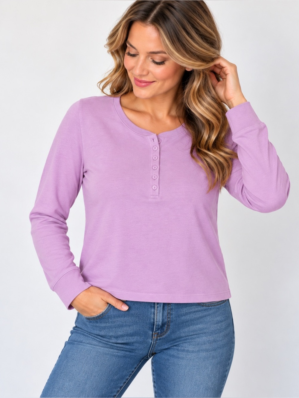 L.L.Bean Women’s Lavender Purple Henley Long Sleeve Tee Tall Size L